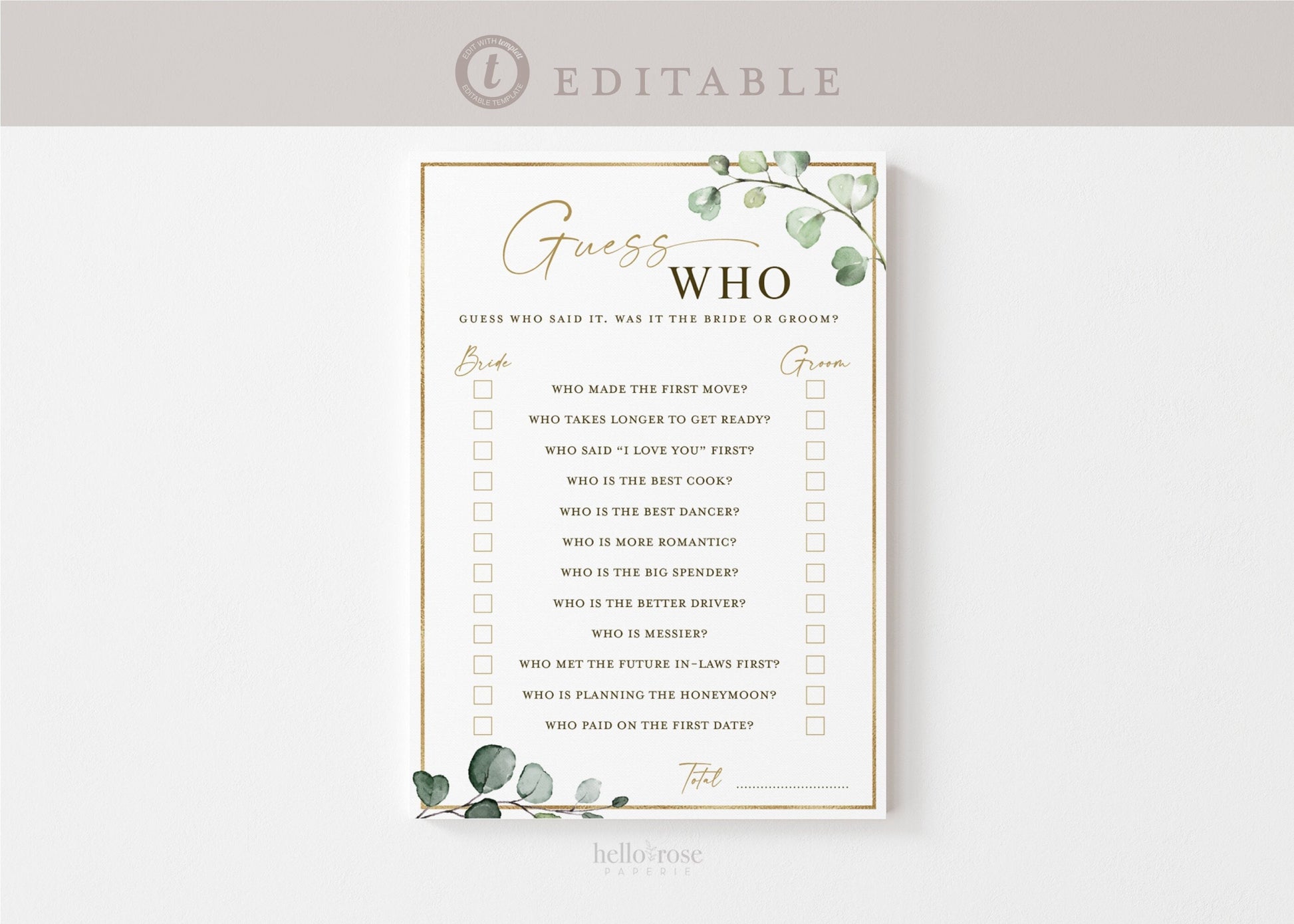 Guess Who Said It Bridal Shower Bachelorette Hens Game . Greenery + Gold . PRINTABLE Editable Template Instant Download Templett G2-T