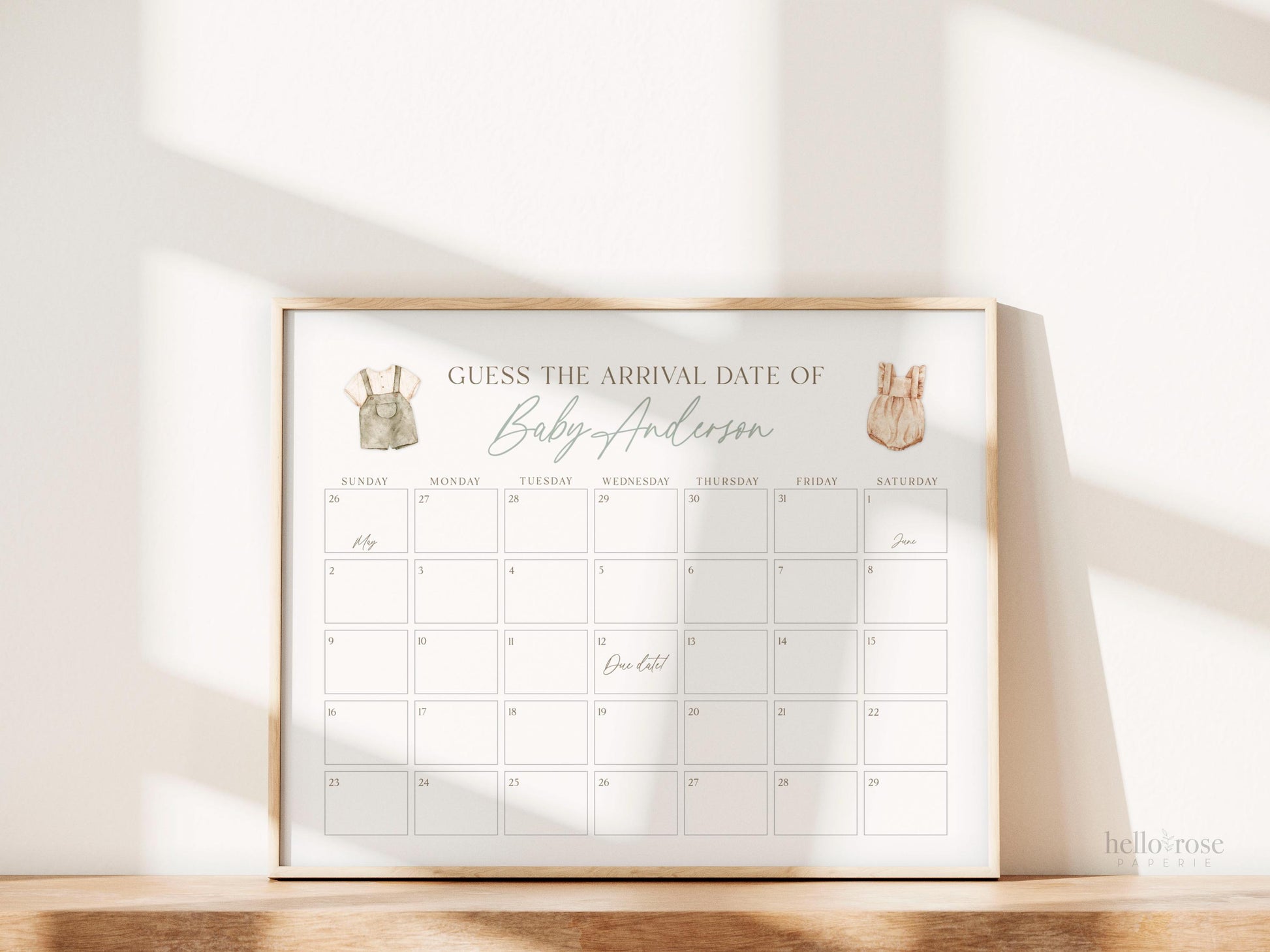 Guess the Arrival Date Calendar Game, Boho Gender Reveal, Guess Birth Date, Boy Girl Neutral Baby Shower, Template Download TEMPLETT GR2-T