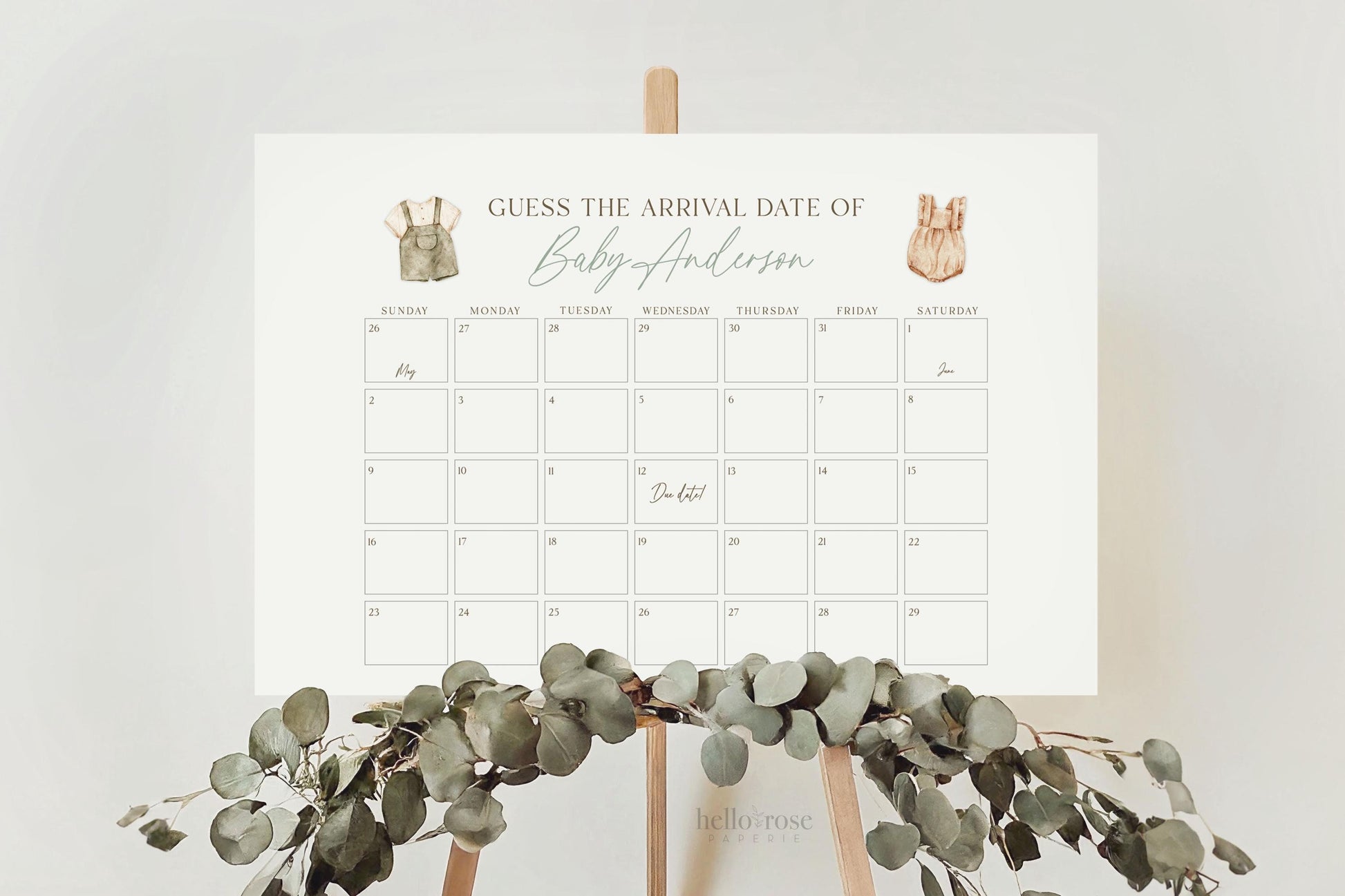 Guess the Arrival Date Calendar Game, Boho Gender Reveal, Guess Birth Date, Boy Girl Neutral Baby Shower, Template Download TEMPLETT GR2-T