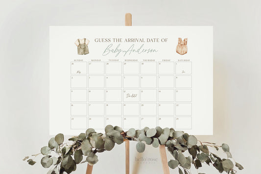Guess the Arrival Date Calendar Game, Boho Gender Reveal, Guess Birth Date, Boy Girl Neutral Baby Shower, Template Download TEMPLETT GR2-T