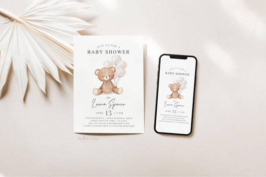 Bear Baby Shower Invitation, We Can Bearly Wait, Bear w White Beige Balloons, Boy Girl Gender Neutral, Editable Template Download Templett