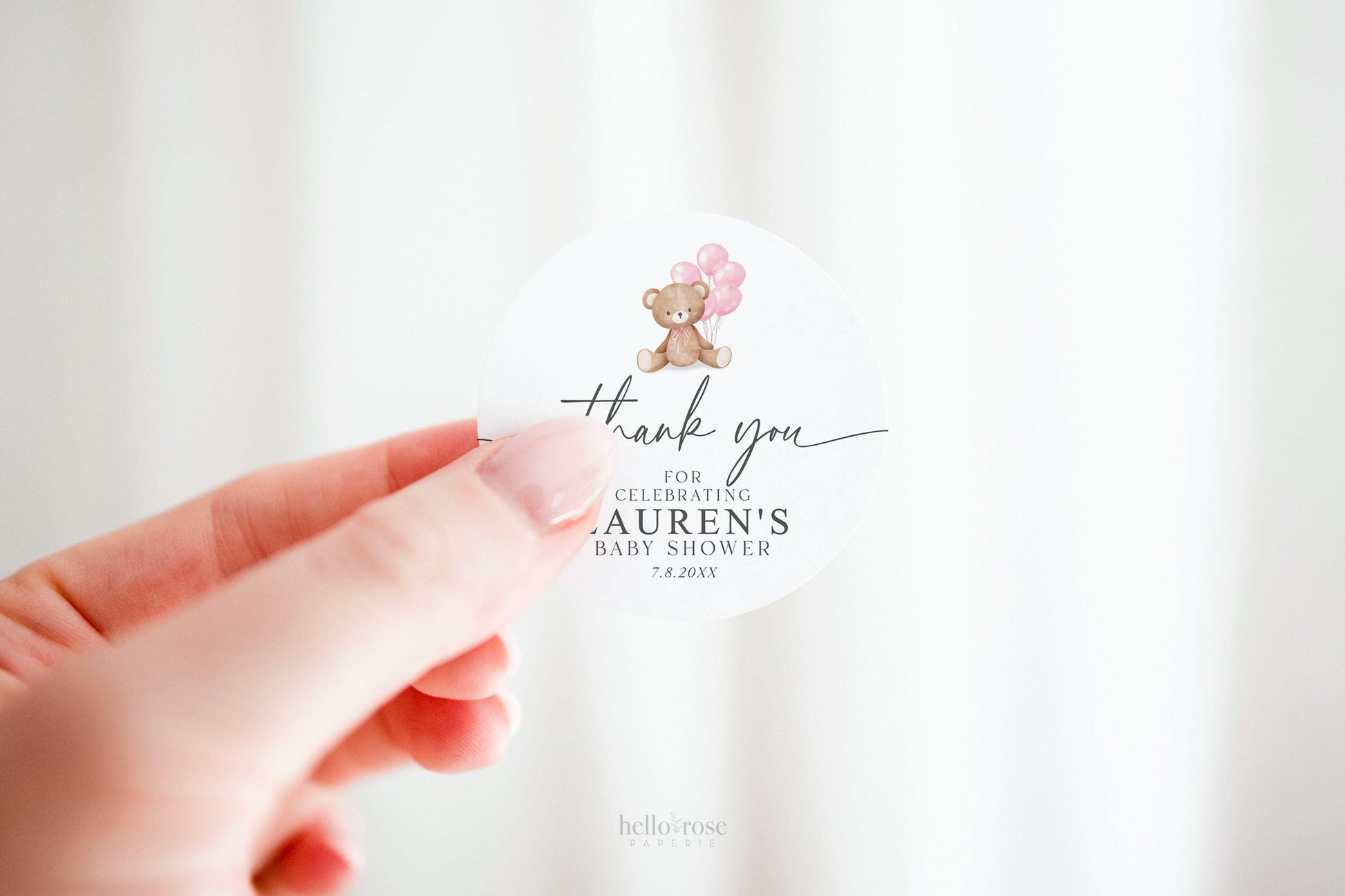 Bear Baby Shower Thank You Favor Tags Template, Baby Girl Pink Bow Balloons Tags Stickers Labels, Personalized Editable PRINTABLE Templett