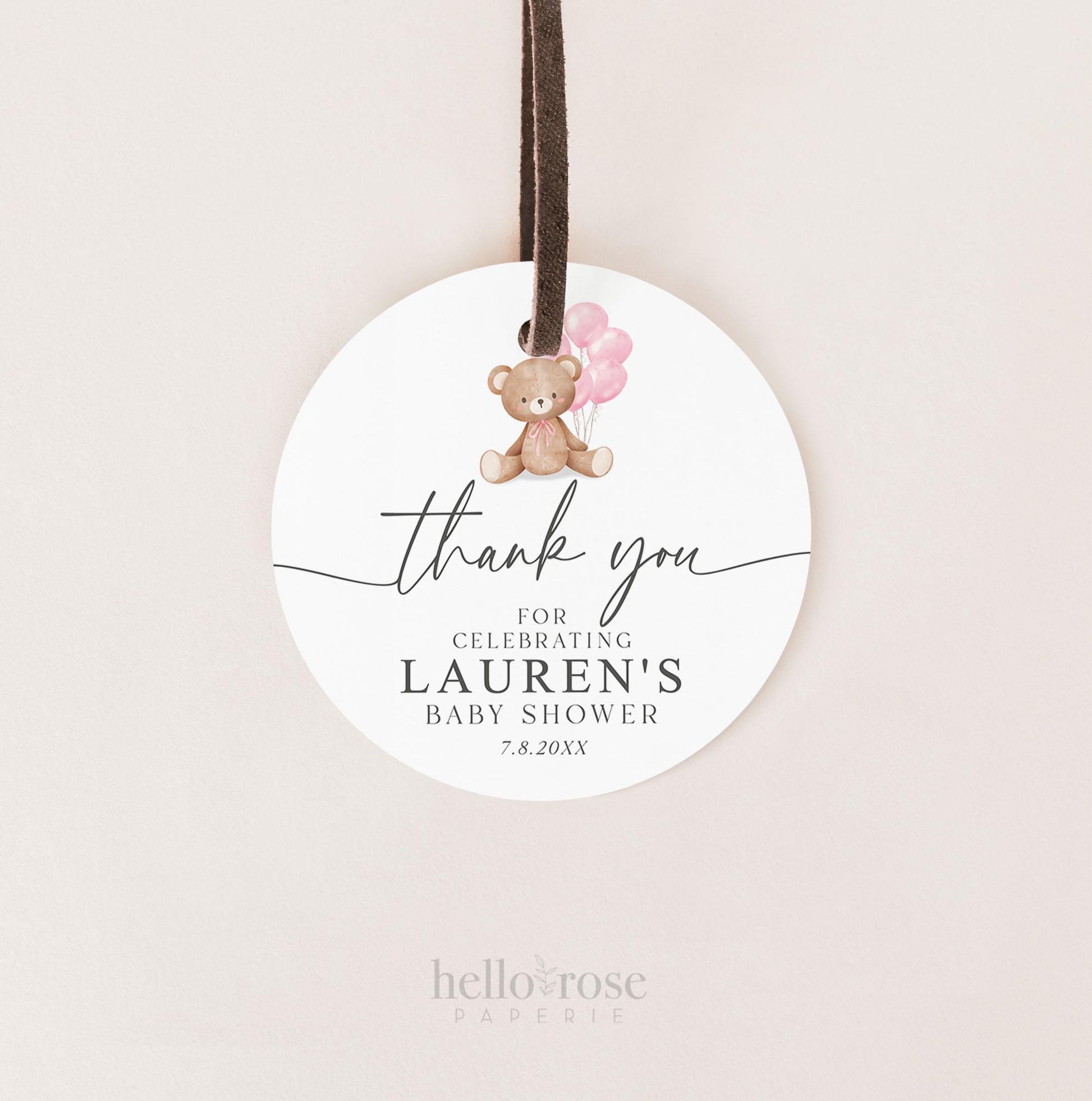 Bear Baby Shower Thank You Favor Tags Template, Baby Girl Pink Bow Balloons Tags Stickers Labels, Personalized Editable PRINTABLE Templett
