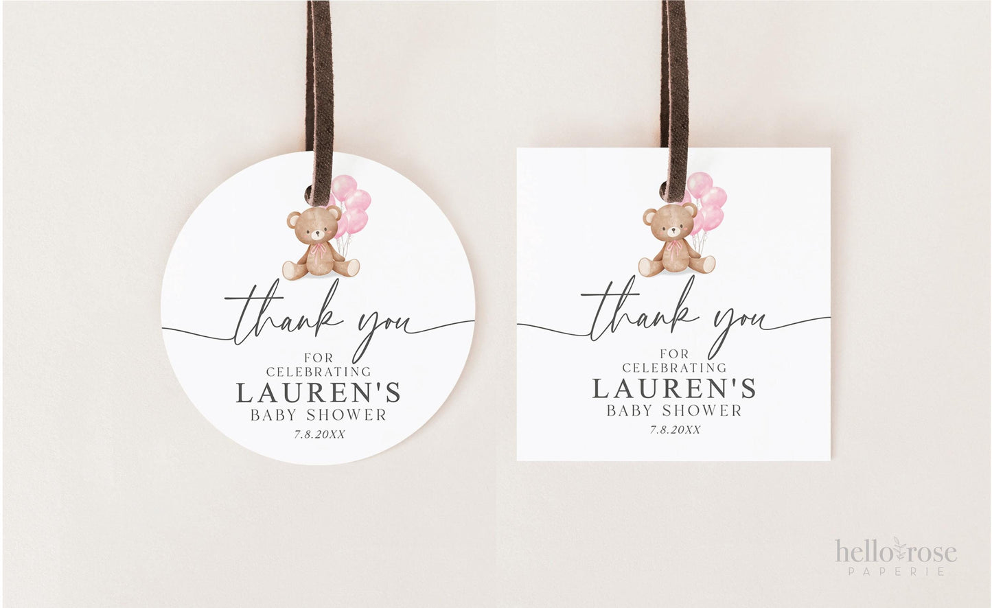 Bear Baby Shower Thank You Favor Tags Template, Baby Girl Pink Bow Balloons Tags Stickers Labels, Personalized Editable PRINTABLE Templett