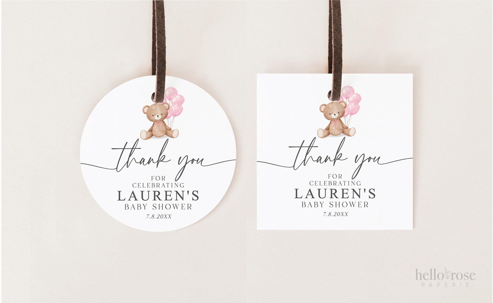 Bear Baby Shower Thank You Favor Tags Template, Baby Girl Pink Bow Balloons Tags Stickers Labels, Personalized Editable PRINTABLE Templett
