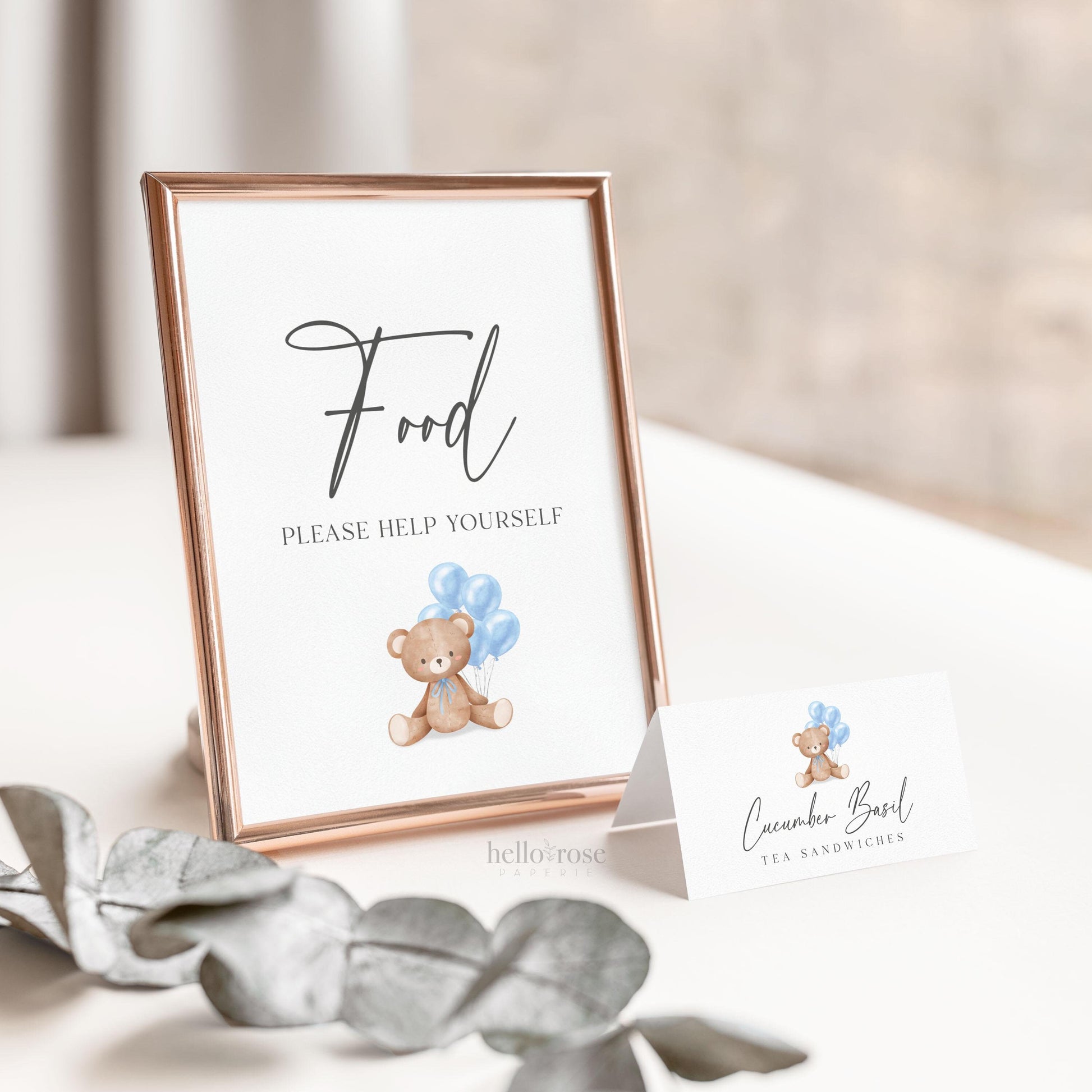 Food Buffet Tent Card + Sign, Bear Baby Shower, Teddy Boy with Bow + Blue Balloons, Sprinkle, We Can Bearly Wait, Template Download Templett
