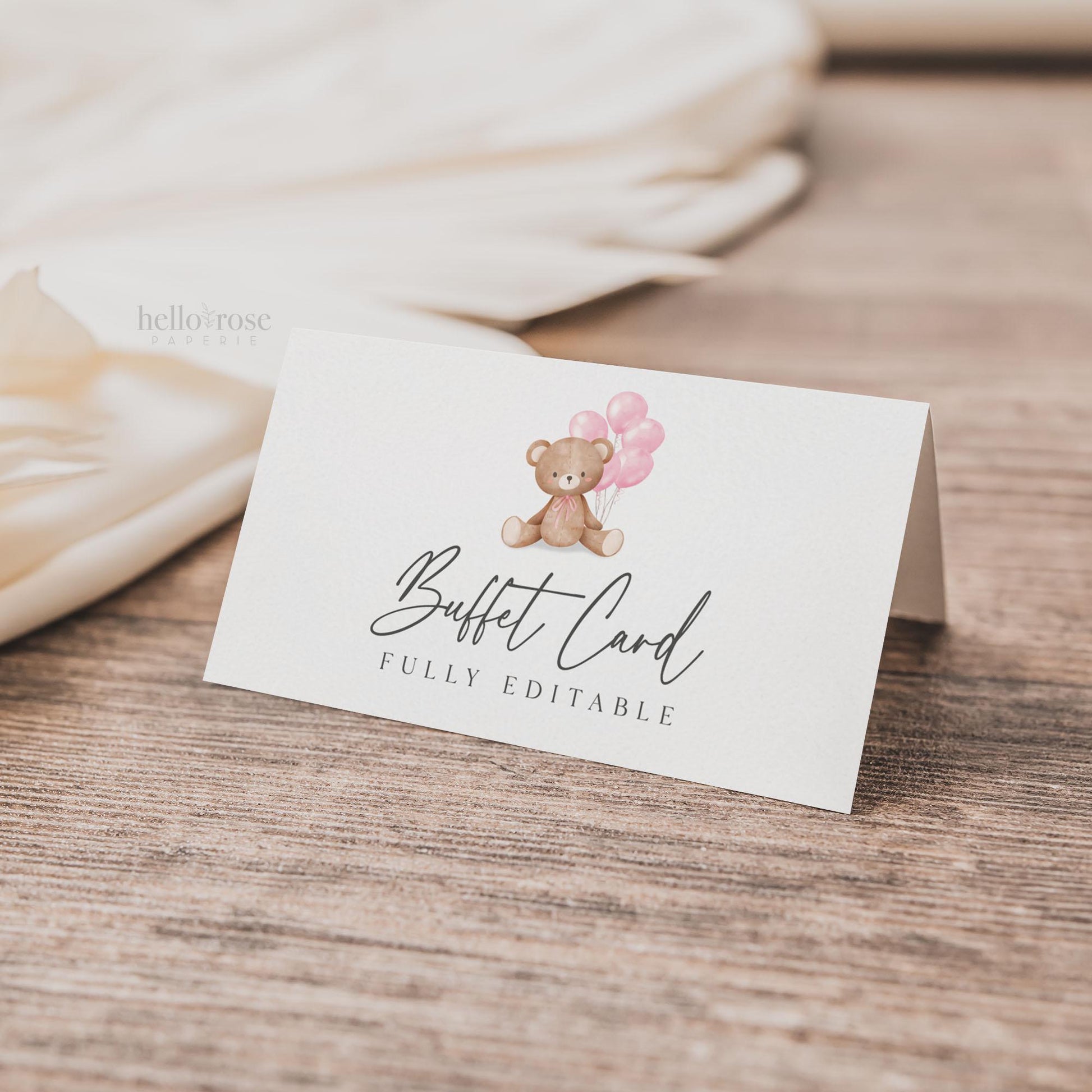 Food Buffet Tent Card + Sign, Bear Baby Shower, Teddy Girl with Bow + Pink Balloons, We Can Bearly Wait, Template Download Templett
