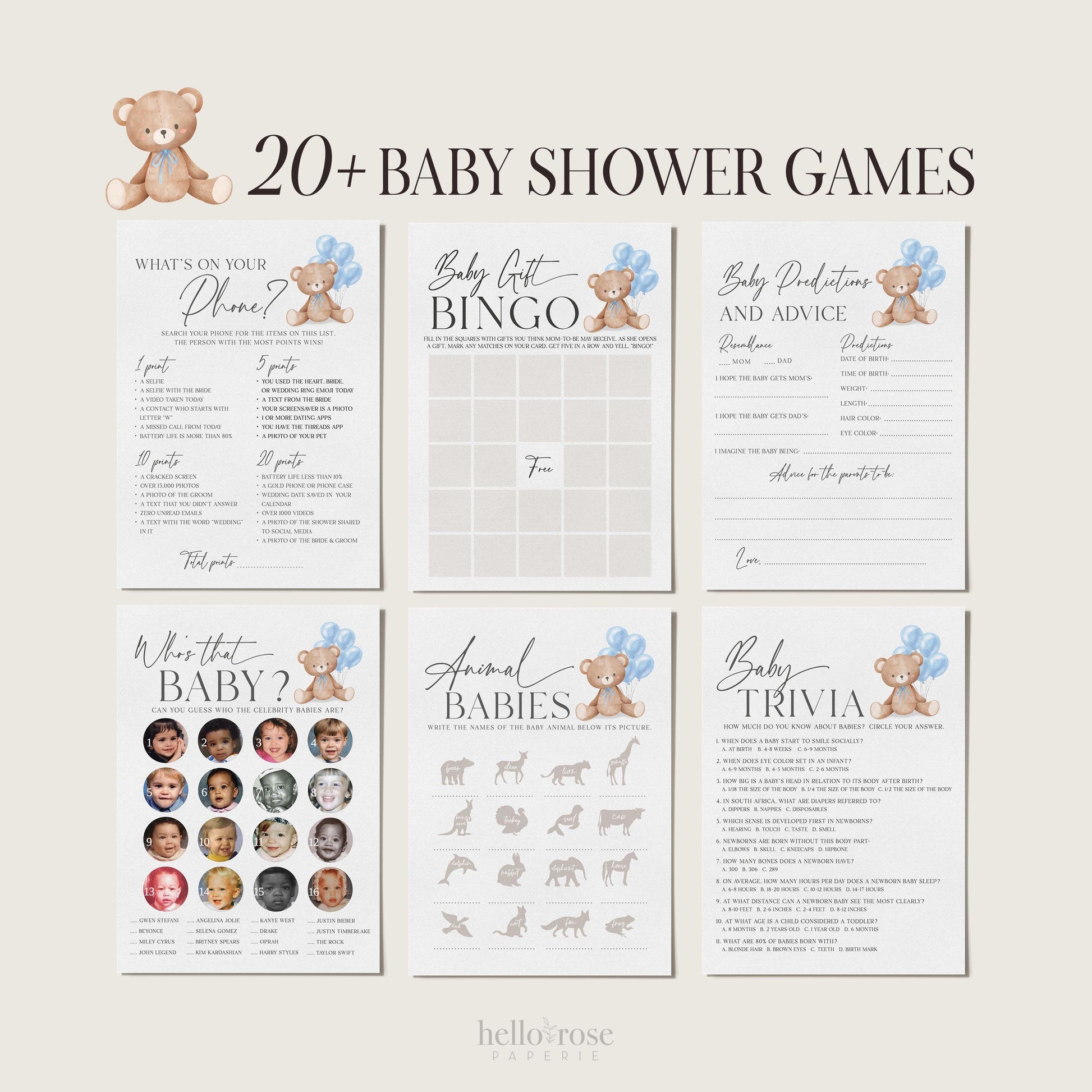 Bear Bundle of 20+ Baby Shower Games . Teddy with Blue Balloons, Boy Baby Shower, We Can Bearly Wait, Editable Template Download Templett