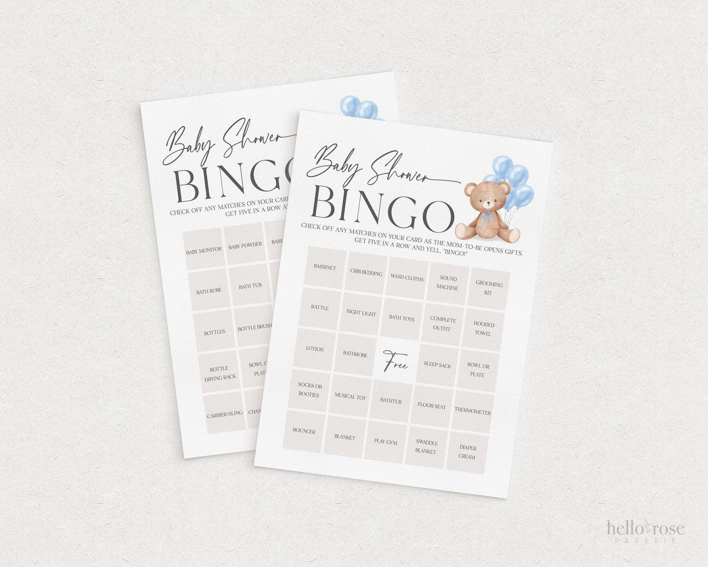 Baby Shower Bingo Gift Opening Game, Bear with Blue Bow Balloons, Boy Teddy Bear, We Can Bearly Wait, Editable Template Download TEMPLETT