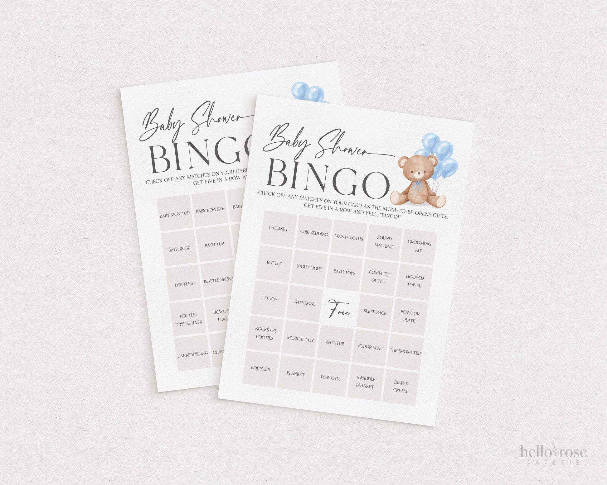 Baby Shower Bingo Gift Opening Game, Bear with Blue Bow Balloons, Boy Teddy Bear, We Can Bearly Wait, Editable Template Download TEMPLETT