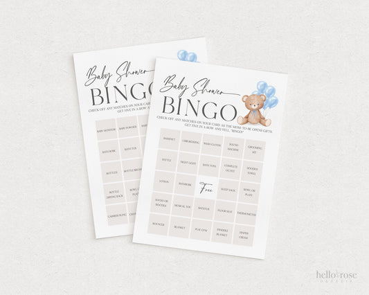 Baby Shower Bingo Gift Opening Game, Bear with Blue Bow Balloons, Boy Teddy Bear, We Can Bearly Wait, Editable Template Download TEMPLETT