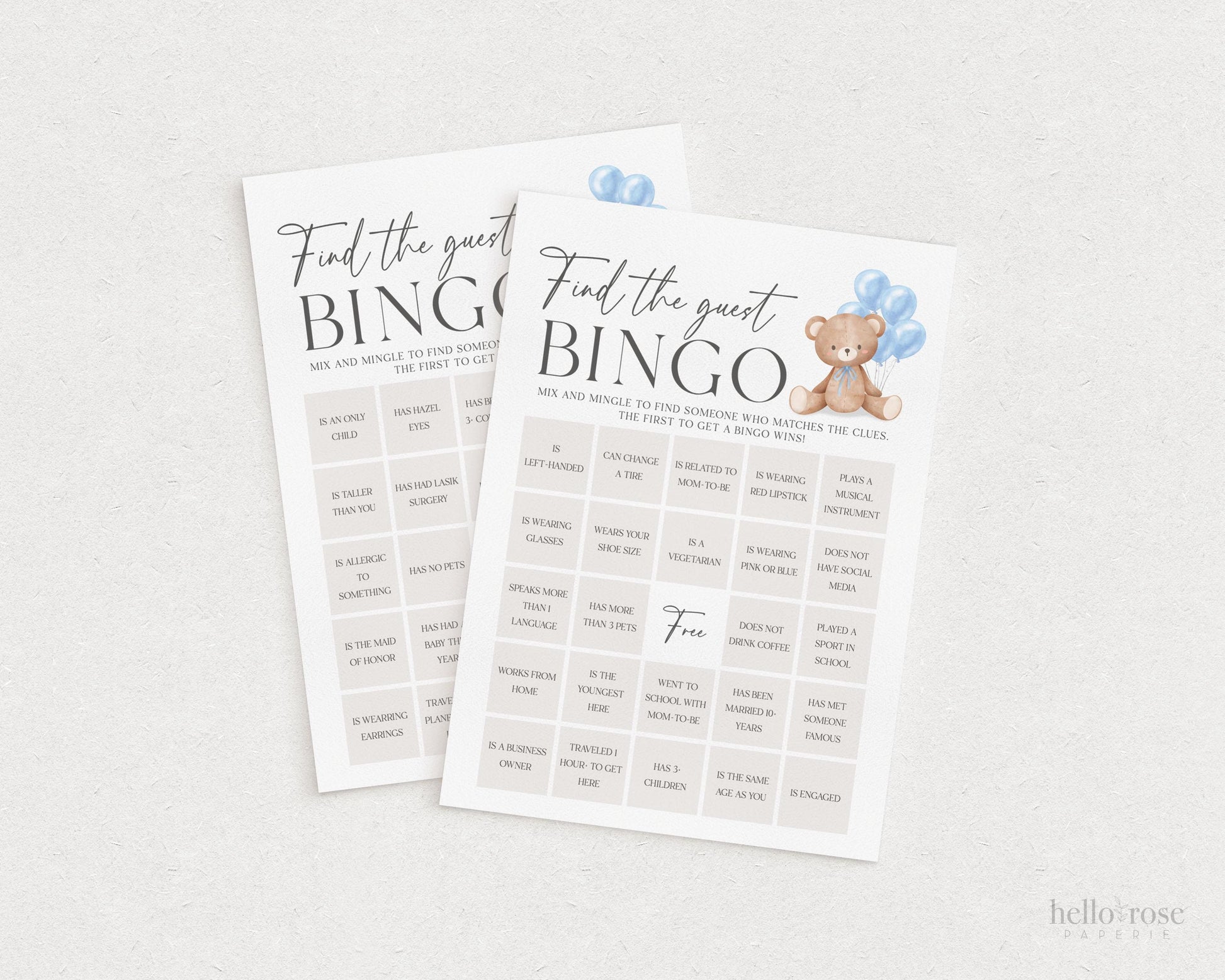 Find the Guest Bingo Baby Shower Game, Bear with Blue Bow Balloons, Boy Teddy Bear, We Can Bearly Wait, Editable Template Download TEMPLETT
