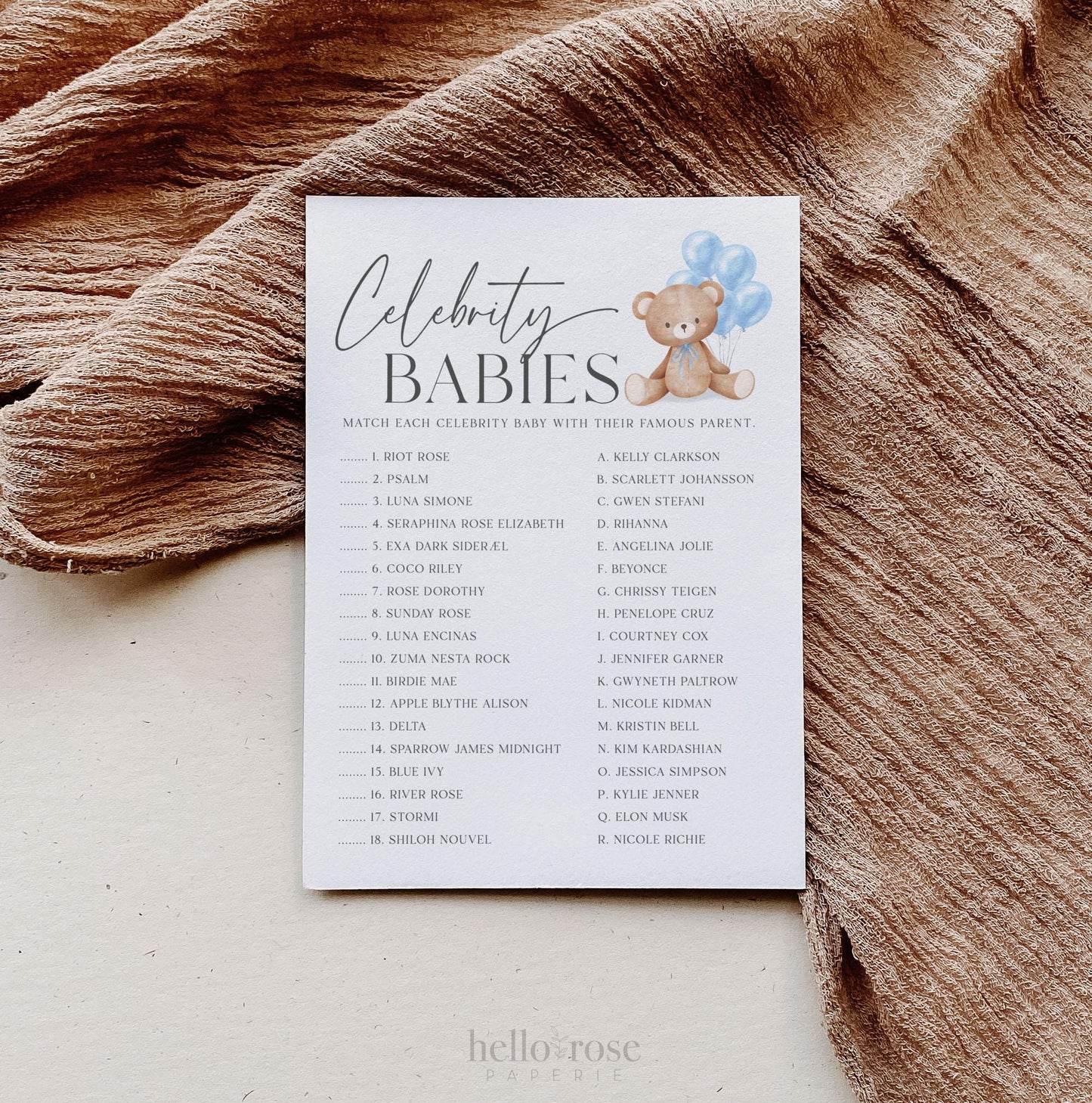Celebrity Babies Baby Shower Game, Bear with Blue Bow Balloons, Boy Teddy Bear, We Can Bearly Wait, Editable Template Download TEMPLETT