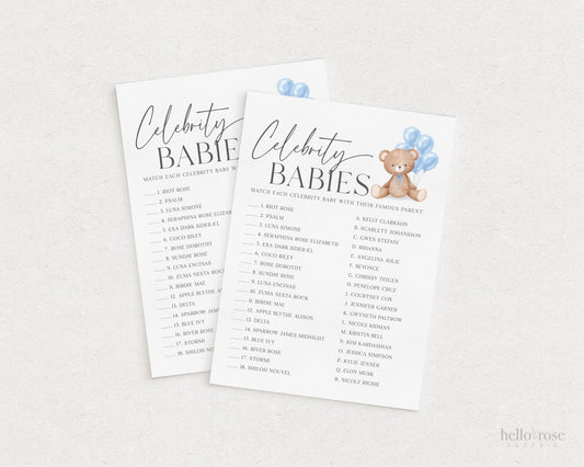 Celebrity Babies Baby Shower Game, Bear with Blue Bow Balloons, Boy Teddy Bear, We Can Bearly Wait, Editable Template Download TEMPLETT