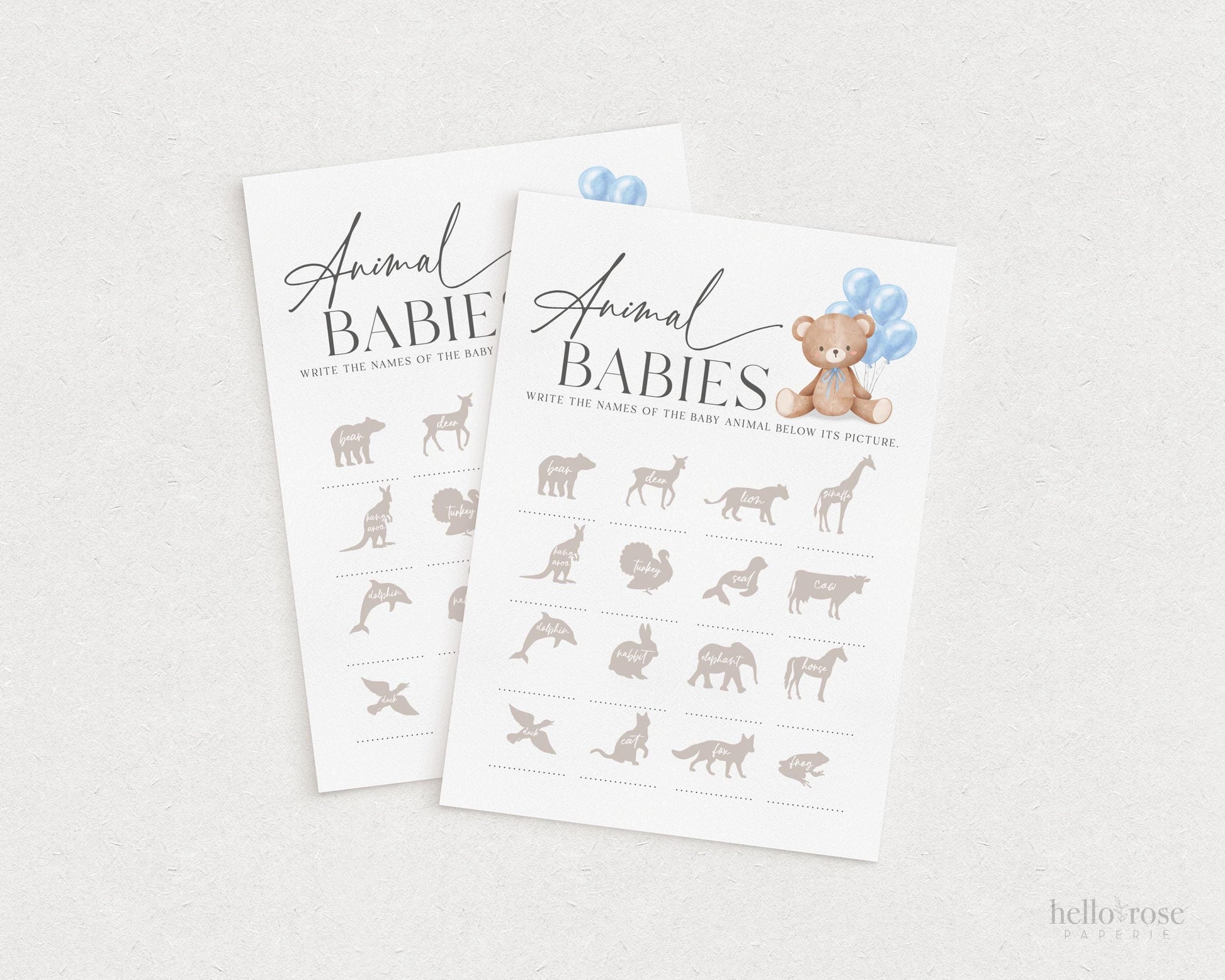 Animal Babies Baby Shower Game, Bear with Blue Bow Balloons, Boy Teddy Bear, We Can Bearly Wait, Editable Template Download TEMPLETT
