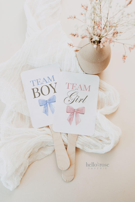 Team Boy or Girl Favor Fans, What Will Baby Be, Hold Up Your Guess, Pink Blue Bows Gender Reveal Game, Editable Template Download TEMPLETT
