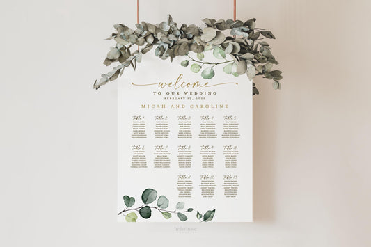 Seating Chart Wedding Poster Template . Wedding Assigned Seating Table Sign . Greenery and Gold . PRINTABLE Editable Text Templett G2-T