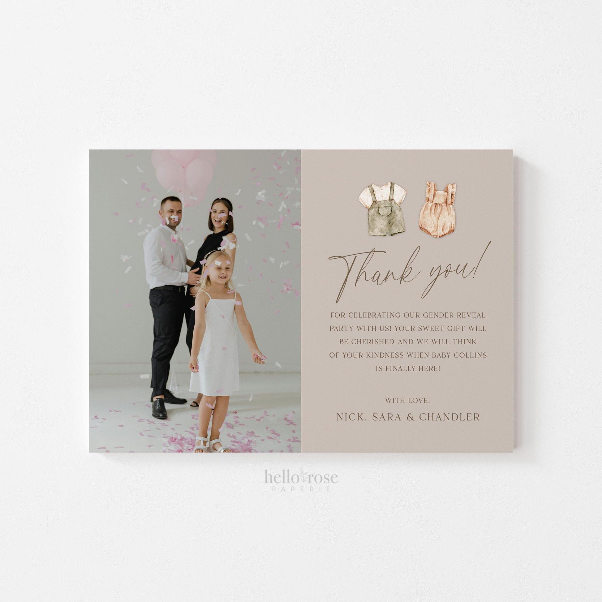Gender Reveal Thank You Card with Photo, Boho Minimalist Baby Shower, Gender Neutral, PRINTABLE Template Templett Instant Download GR2-T