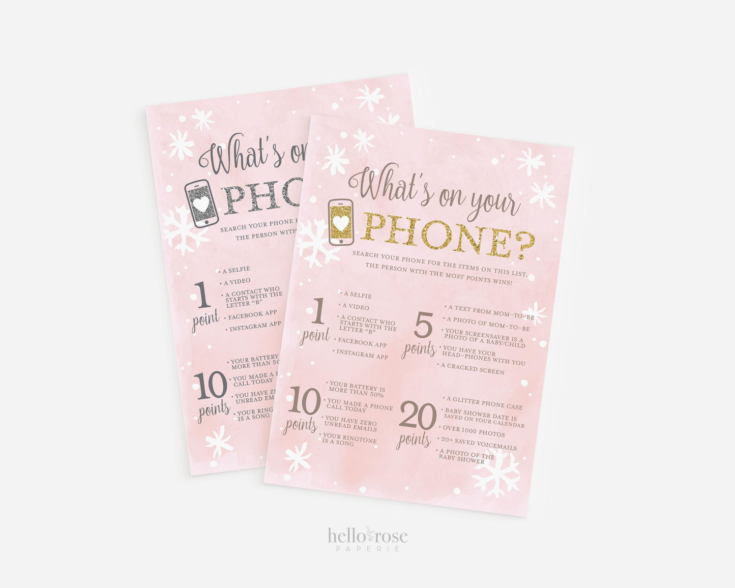 Whats on Your Phone Baby Shower Game Printable, Pink Silver and Gold, Winter Girl Shower, Baby its Cold Outside, Printable Instant Download