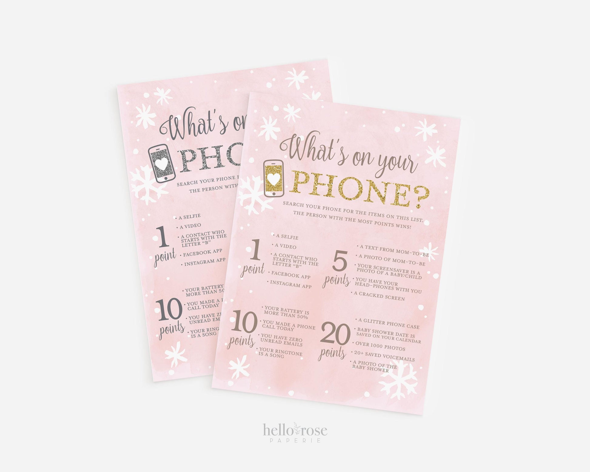 Whats on Your Phone Baby Shower Game Printable, Pink Silver and Gold, Winter Girl Shower, Baby its Cold Outside, Printable Instant Download
