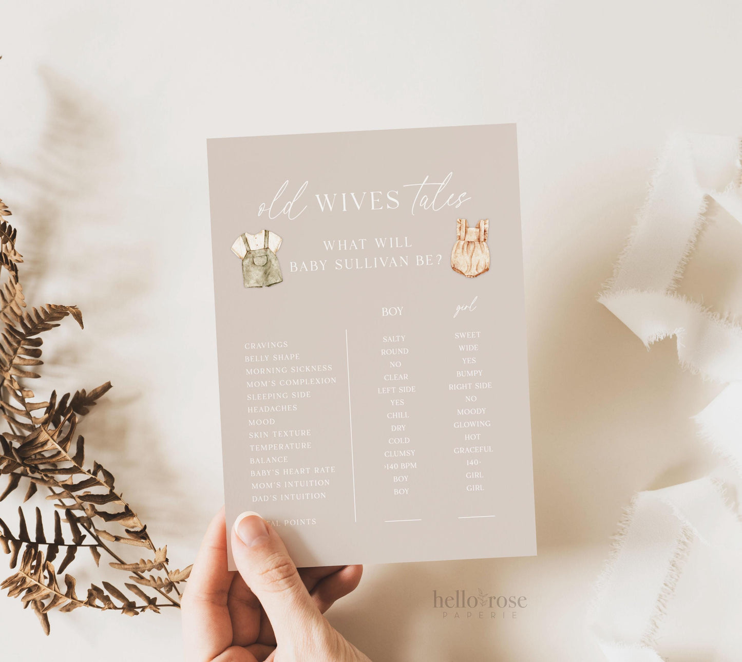 Old Wives Tales Gender Reveal Game Template, What Will Baby Be, Boho Outfits Baby Shower, Neutral, Editable Template Download TEMPLETT GR2-T