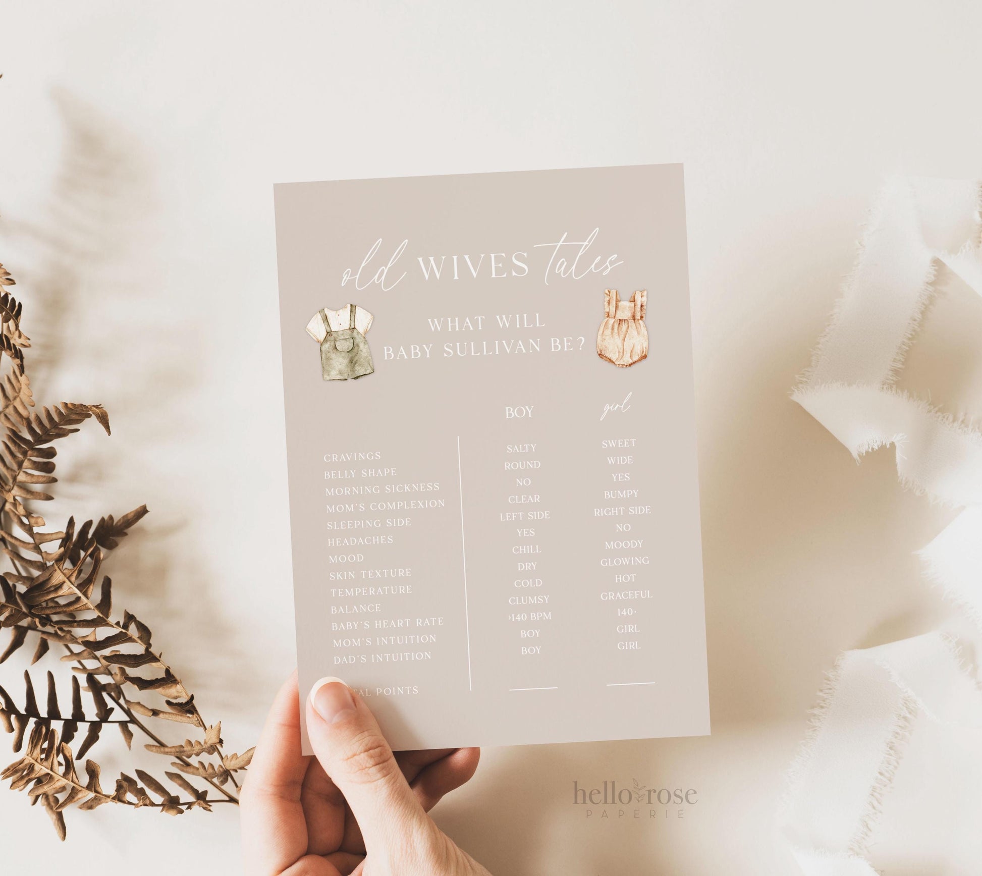 Old Wives Tales Gender Reveal Game Template, What Will Baby Be, Boho Outfits Baby Shower, Neutral, Editable Template Download TEMPLETT GR2-T