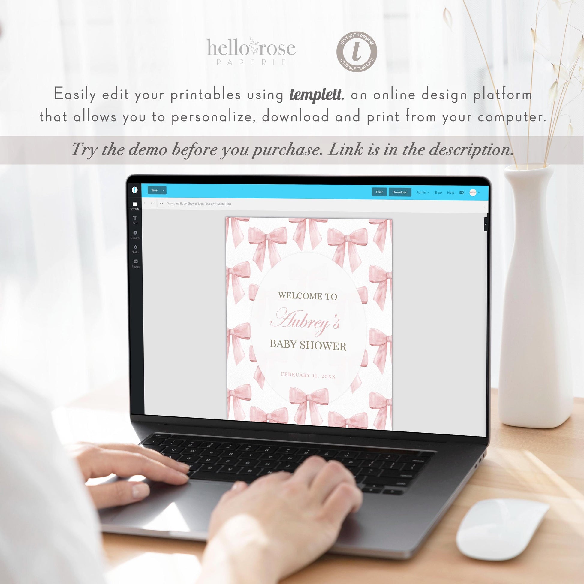 Bow Welcome Sign, Pink Bow Baby Shower, Girl Baby Sprinkle, Birthday, Couples Shower, Editable Template Digital Download TEMPLETT