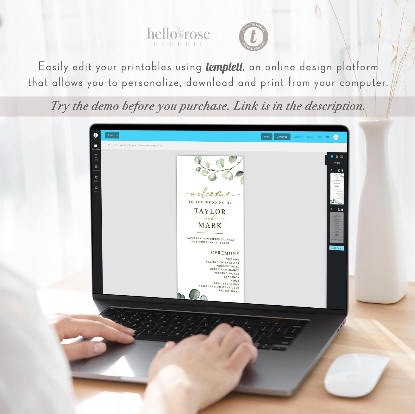 Wedding Program Editable Template . Ceremony Program. Greenery and Gold Modern Boho Wedding . Printable Instant Download TEMPLETT