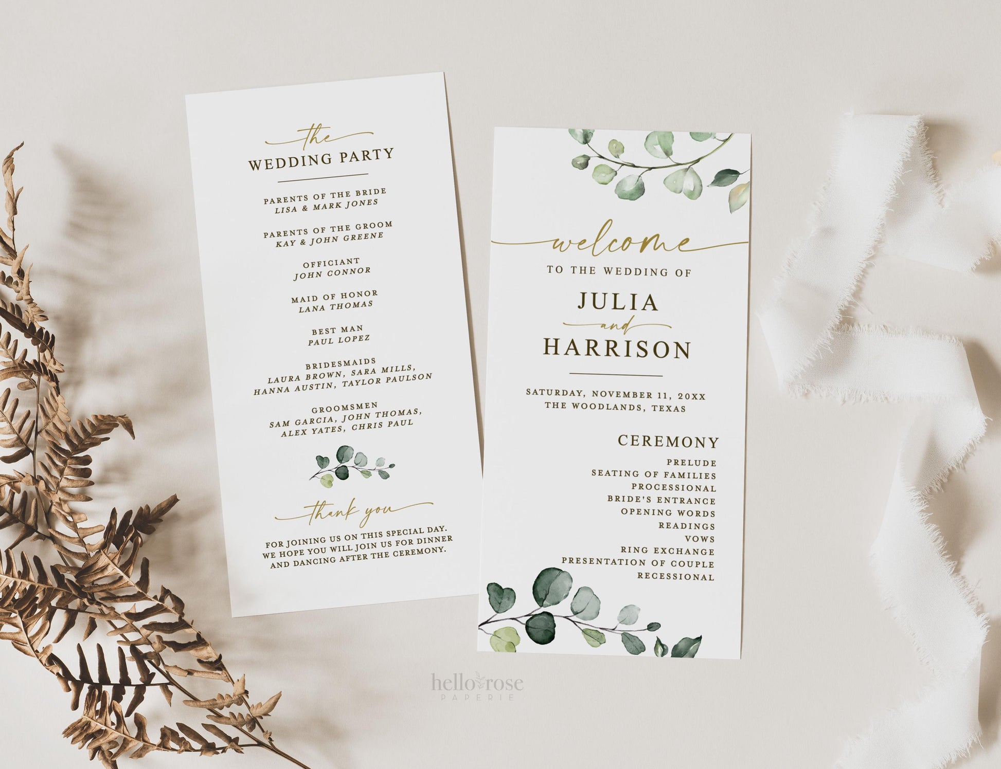 Wedding Program Editable Template . Ceremony Program. Greenery and Gold Modern Boho Wedding . Printable Instant Download TEMPLETT