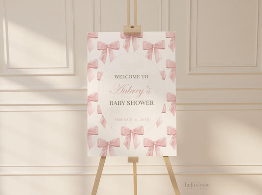 Bow Welcome Sign, Pink Bow Baby Shower, Girl Baby Sprinkle, Birthday, Couples Shower, Editable Template Digital Download TEMPLETT