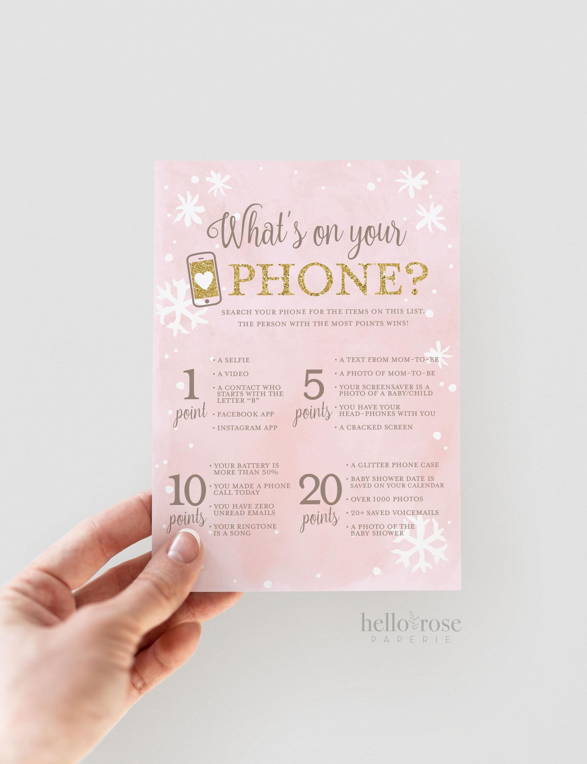 Whats on Your Phone Baby Shower Game Printable, Pink Silver and Gold, Winter Girl Shower, Baby its Cold Outside, Printable Instant Download