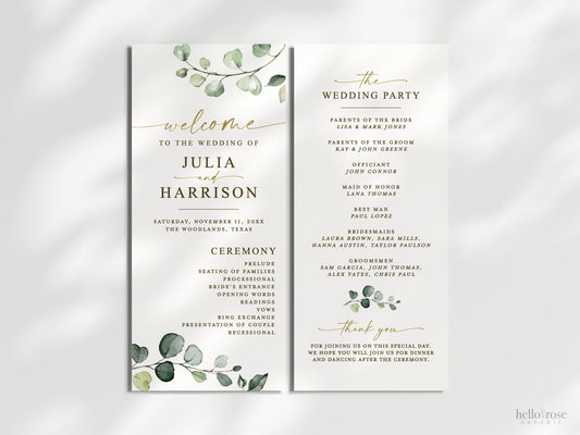 Wedding Program Editable Template . Ceremony Program. Greenery and Gold Modern Boho Wedding . Printable Instant Download TEMPLETT