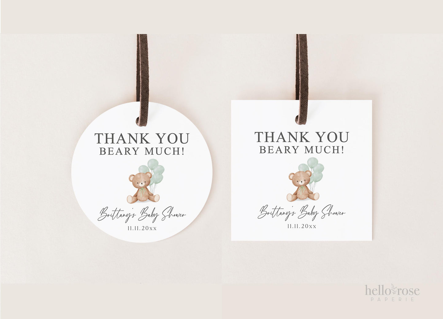 Bear Baby Shower Thank You Favor Tags Template . Sage Green Balloons Tag Sticker Label . Personalized Editable PRINTABLE Templett Download