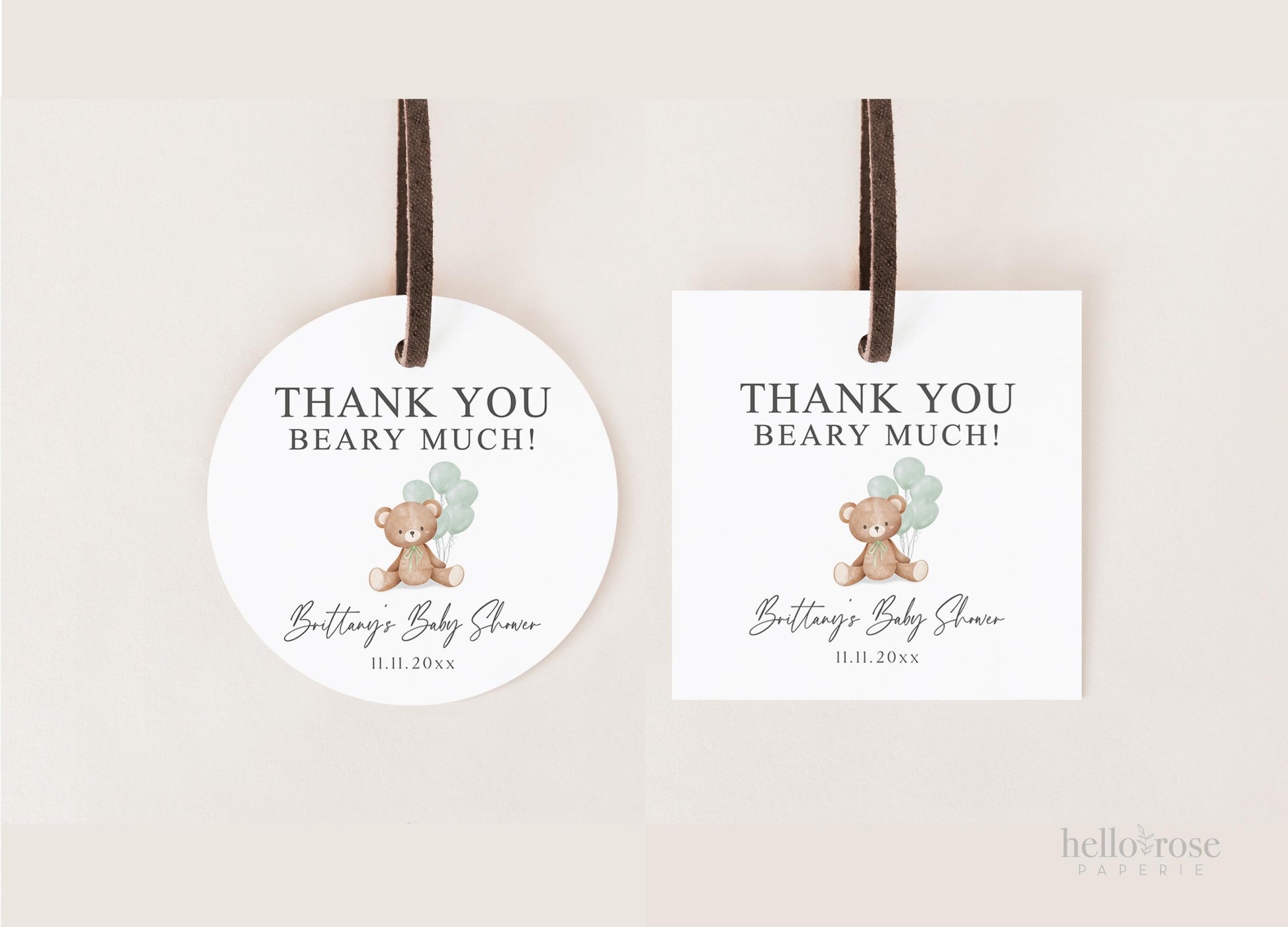 Bear Baby Shower Thank You Favor Tags Template . Sage Green Balloons Tag Sticker Label . Personalized Editable PRINTABLE Templett Download