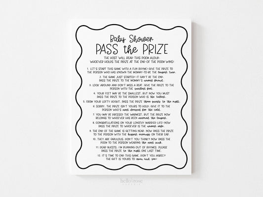 Pass the Prize Baby Shower Game . Pass the Poem . Boy Girl Neutral . Kraft + Black & White . Printable 8.5x11 Instant Digital Download . K4