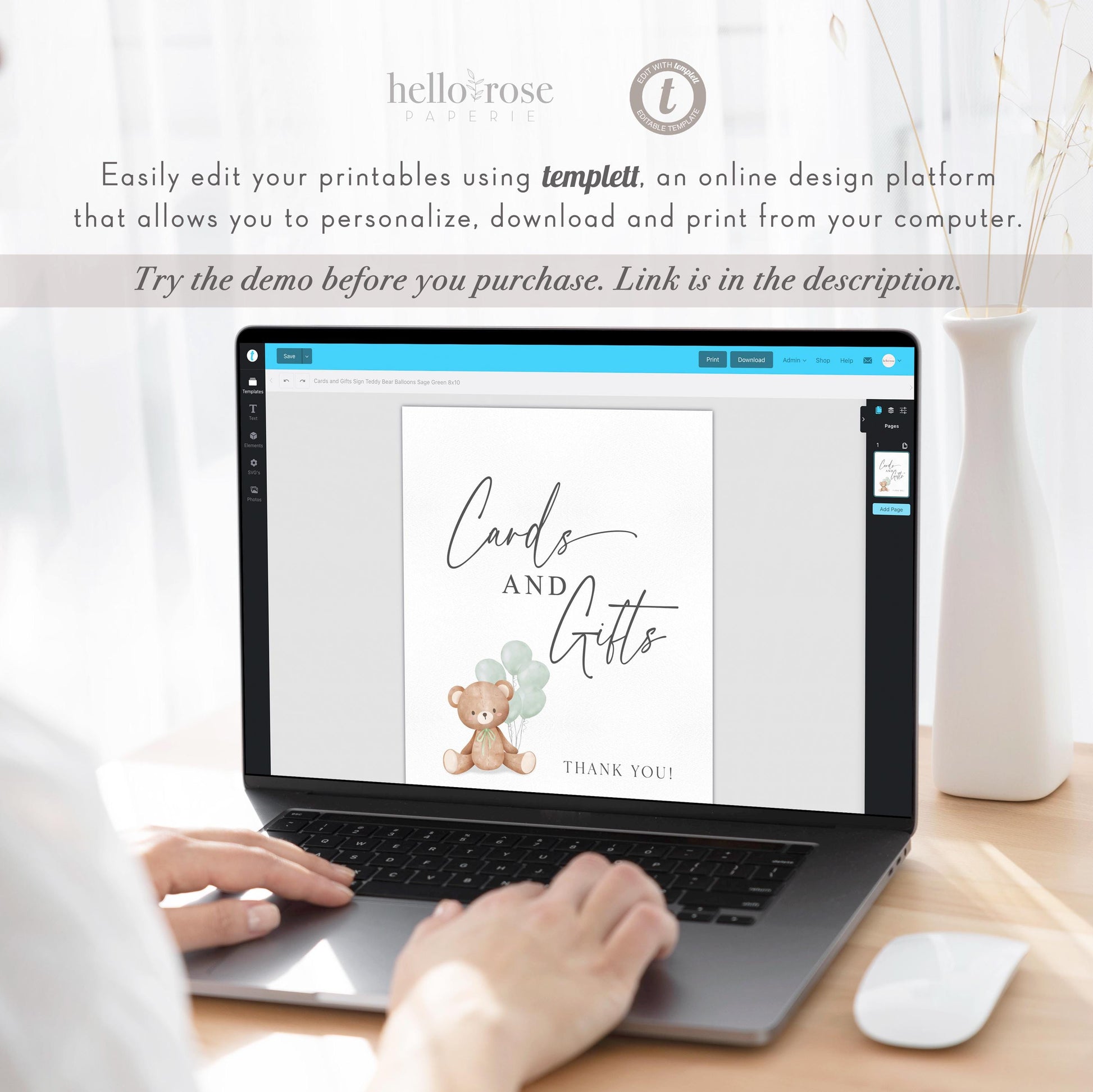 Cards and Gifts Baby Shower Sign, Teddy Bear Beige Balloons, Girl Boy Baby Shower Sprinkle, We Can Bearly Wait, Template Download TEMPLETT