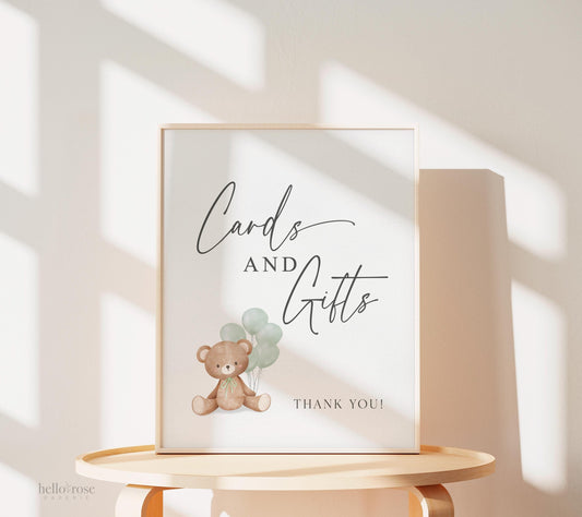 Cards and Gifts Baby Shower Sign, Teddy Bear Beige Balloons, Girl Boy Baby Shower Sprinkle, We Can Bearly Wait, Template Download TEMPLETT