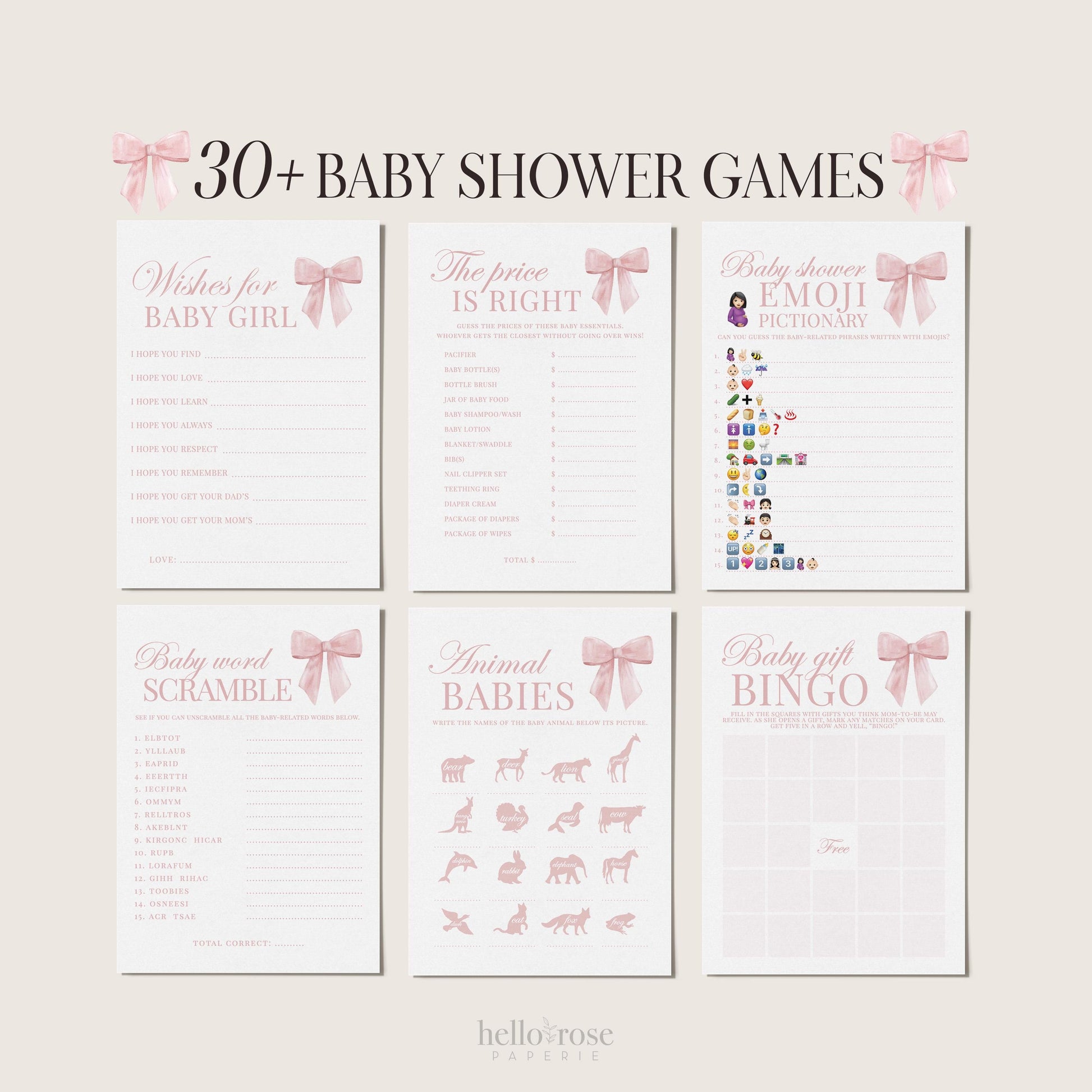 Pink Bow Baby Shower Bundle of 30+ Baby Shower Games, Girl Baby Shower Sprinkle, Bow Theme, Editable Template Download Templett