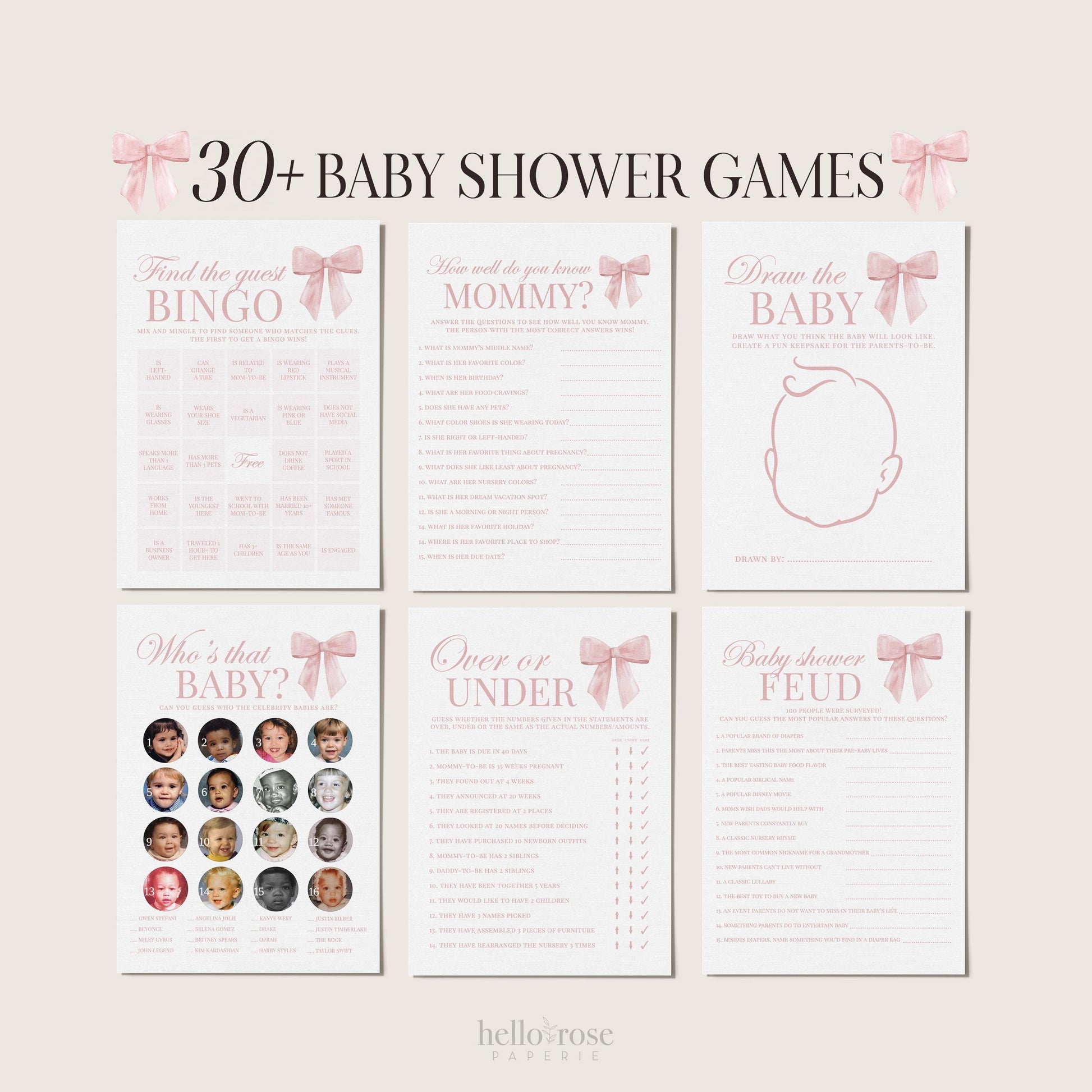 Pink Bow Baby Shower Bundle of 30+ Baby Shower Games, Girl Baby Shower Sprinkle, Bow Theme, Editable Template Download Templett