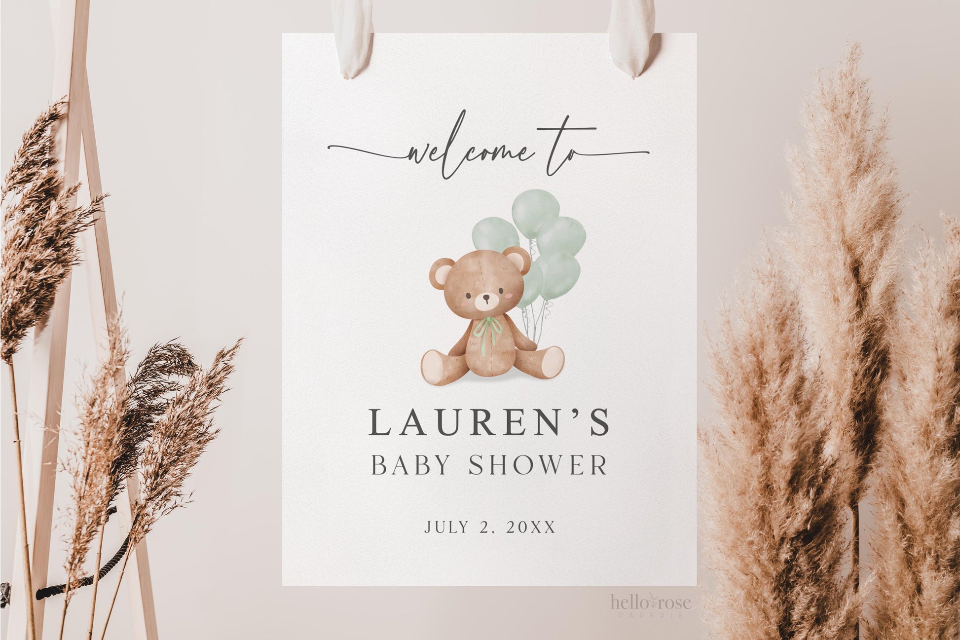 Bear Welcome Sign with Bow and Sage Green Balloons, Girl Boy Neutral Baby Shower Sprinkle, We Can Bearly Wait, Editable Template TEMPLETT
