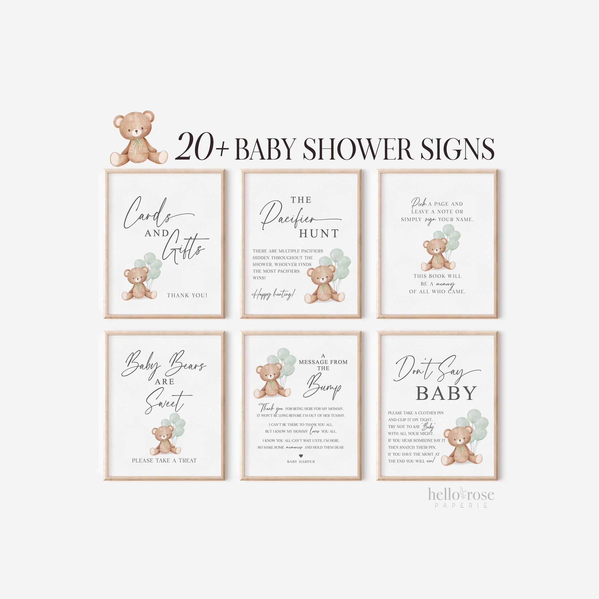 Bear Bundle of 20+ Baby Shower Signs . Teddy + Sage Green Balloons, Boy Girl Neutral, Can Bearly Wait, Editable Template Download Templett