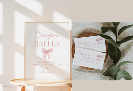 Diaper Raffle Pink Bow Girl Baby Shower Game Sign and Cards, Bring a Pack of Diapers Insert, Editable Template Digital Download TEMPLETT
