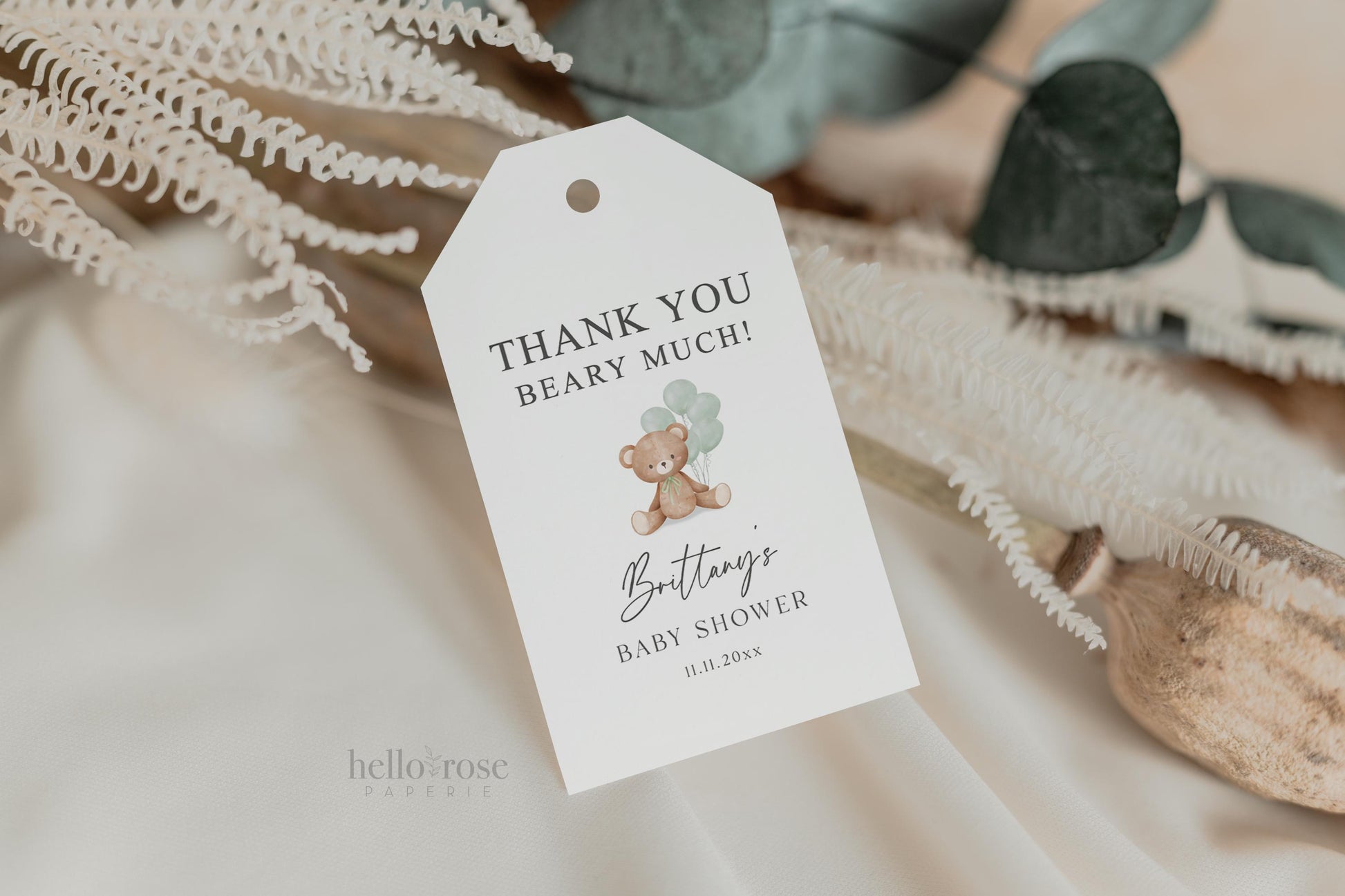Bear Baby Shower Thank You Favor Tags Template . Sage Green Balloons Tag Sticker Label . Personalized Editable PRINTABLE Templett Download