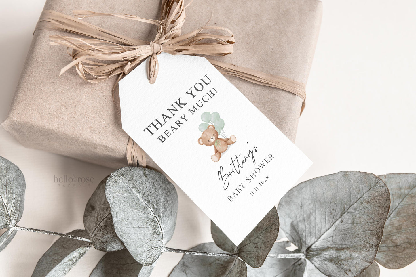 Bear Baby Shower Thank You Favor Tags Template . Sage Green Balloons Tag Sticker Label . Personalized Editable PRINTABLE Templett Download