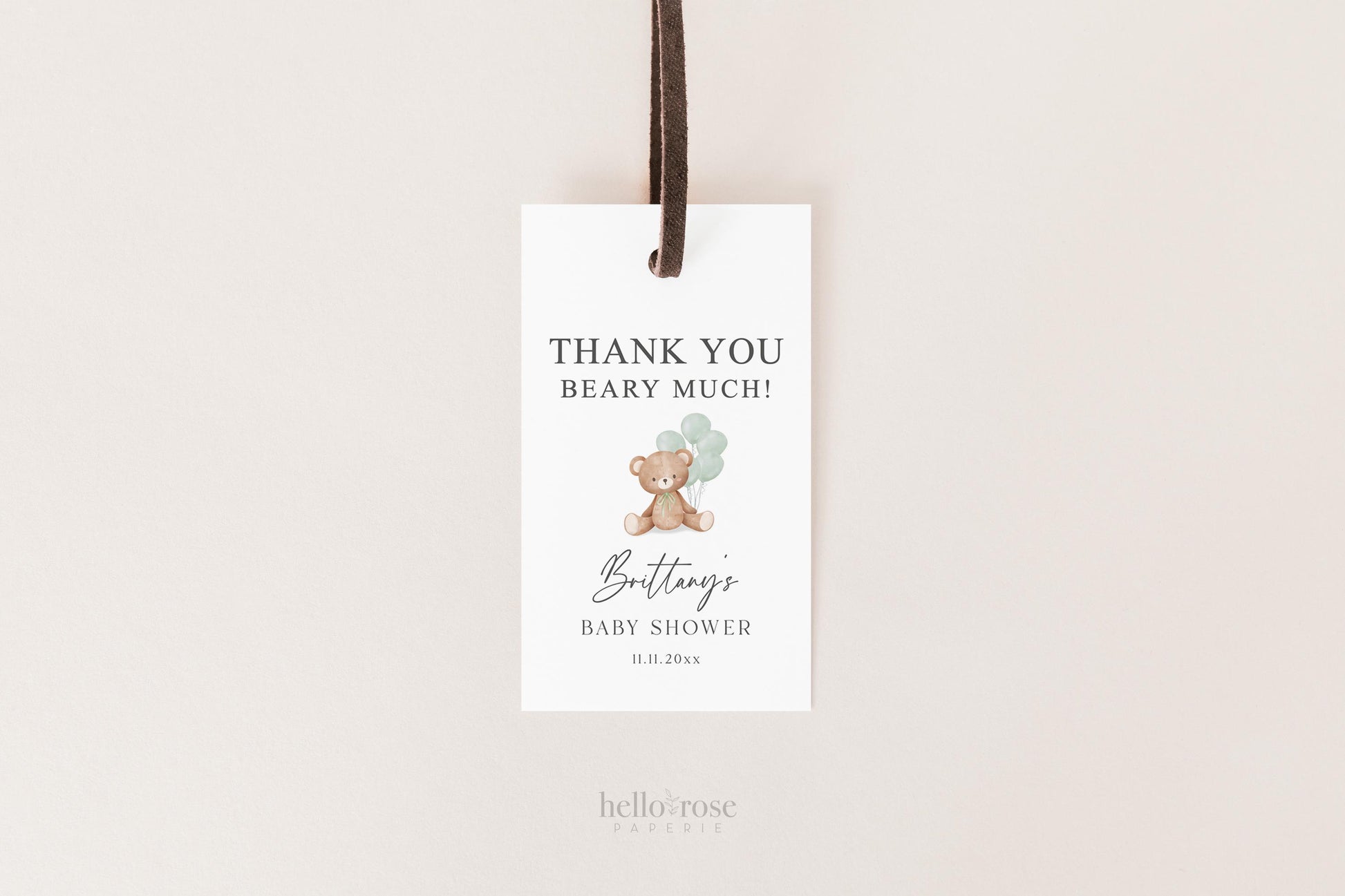 Bear Baby Shower Thank You Favor Tags Template . Sage Green Balloons Tag Sticker Label . Personalized Editable PRINTABLE Templett Download