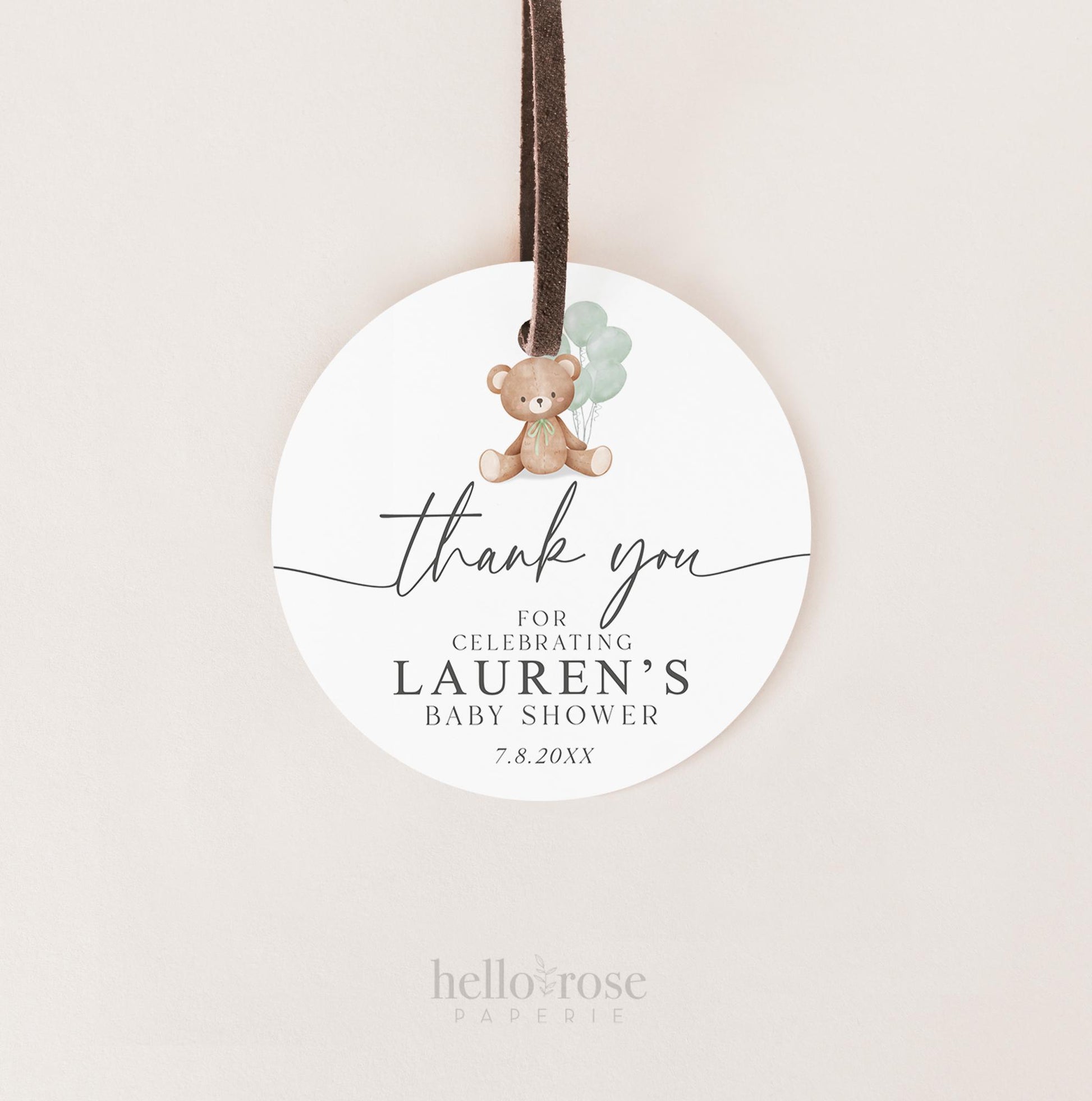 Bear Baby Shower Thank You Favor Tags Template . Sage Green Balloons Tag Sticker Label . Personalized Editable PRINTABLE Templett Download