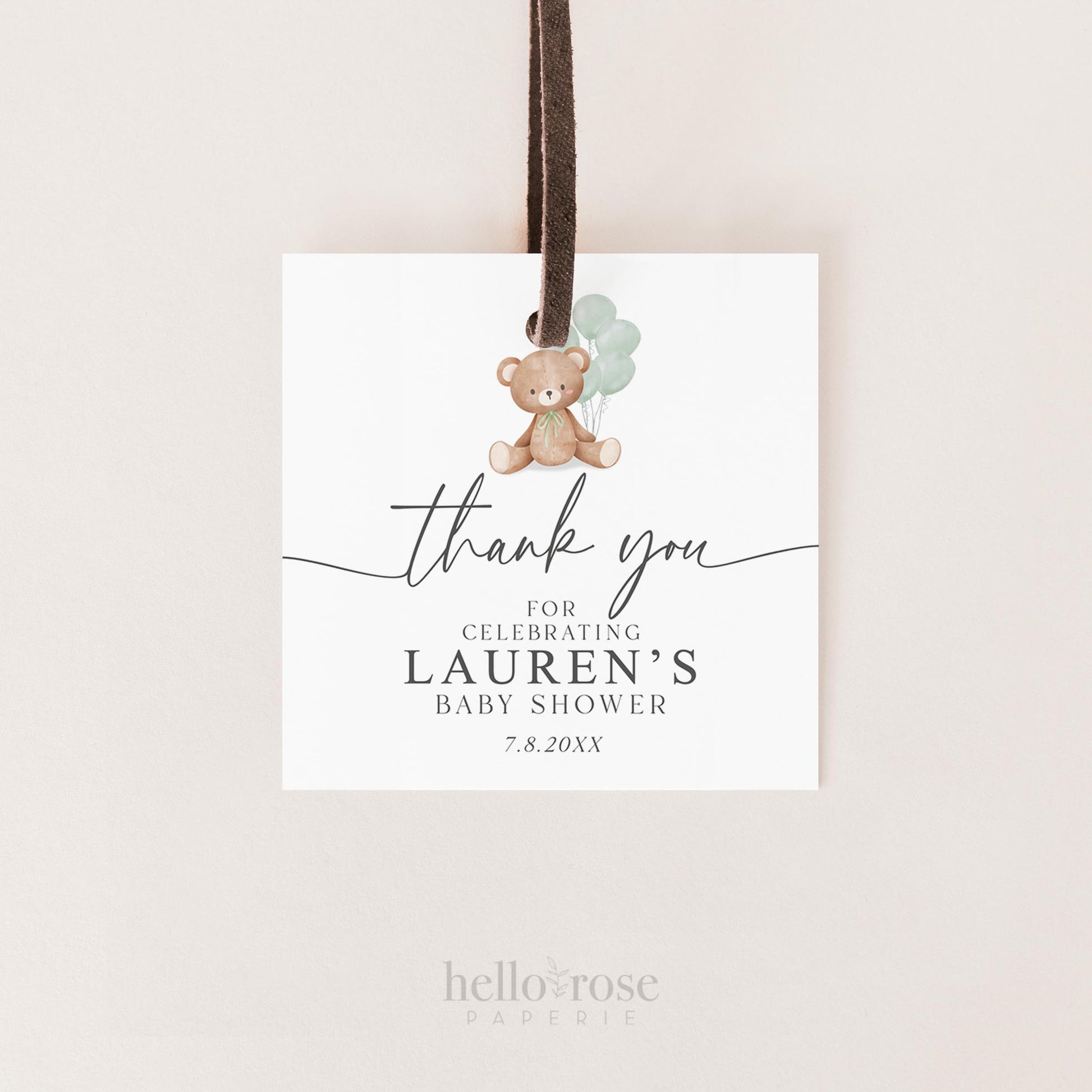 Bear Baby Shower Thank You Favor Tags Template . Sage Green Balloons Tag Sticker Label . Personalized Editable PRINTABLE Templett Download