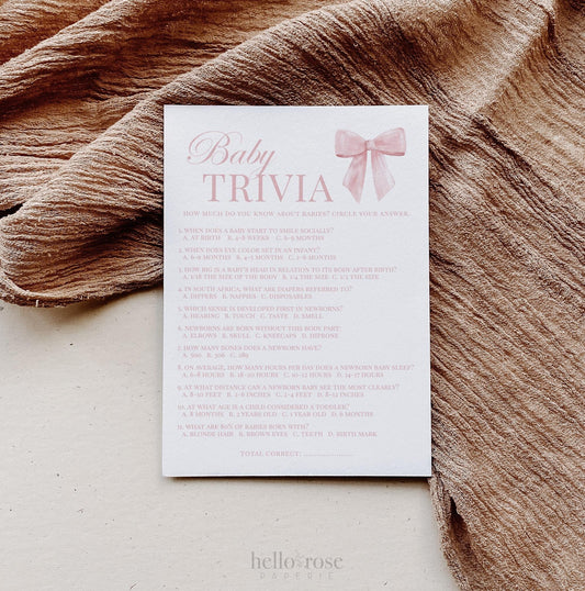 Baby Trivia Baby Shower Pink Bow, Baby Girl Game Cards, Girl Baby Shower Sprinkle, Printable Editable Template Digital Download TEMPLETT