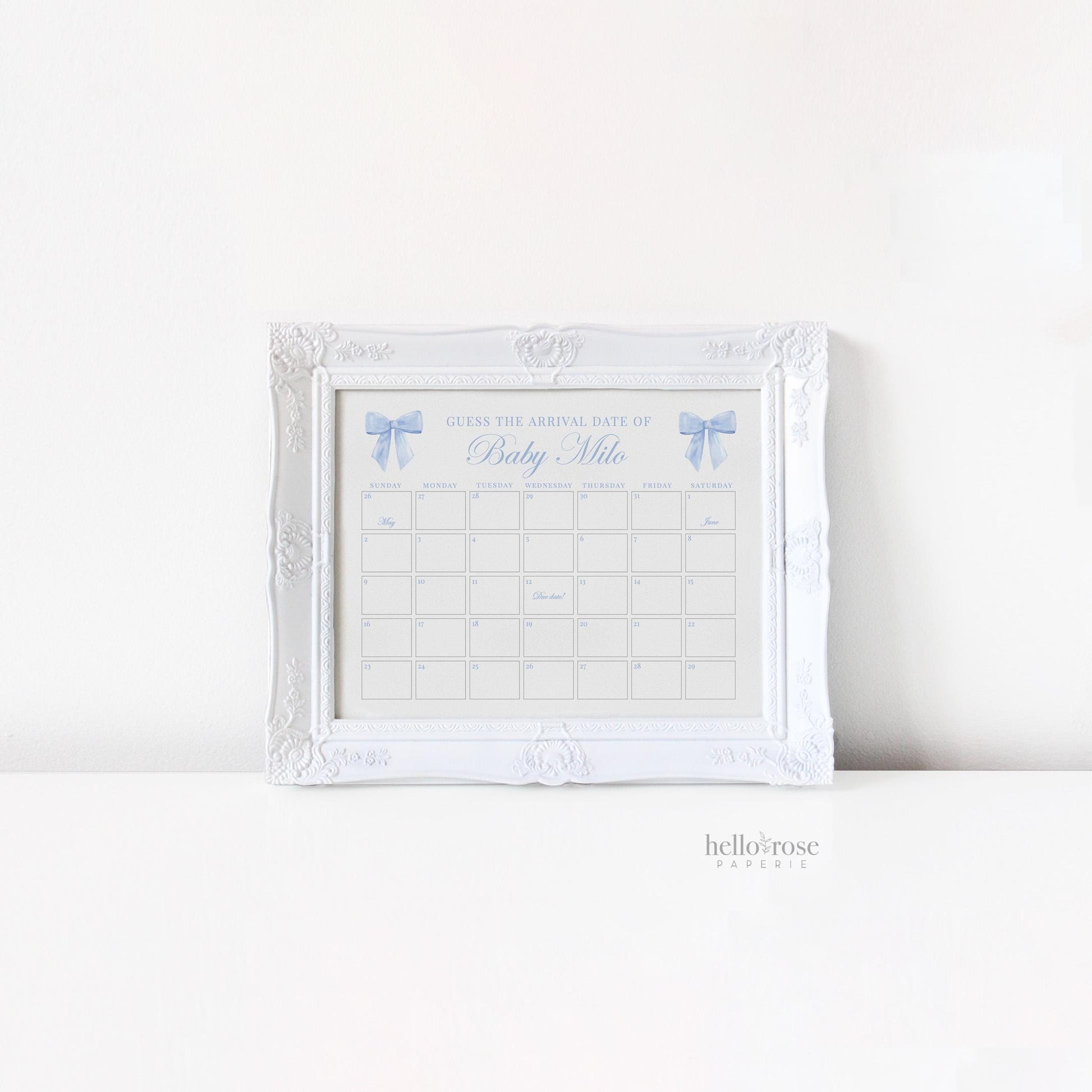 Blue Bow Guess the Due Date Calendar Boy Baby Shower Game Sign, Guess the Arrival Date, Bow Shower Decor, Template Instant Download TEMPLETT