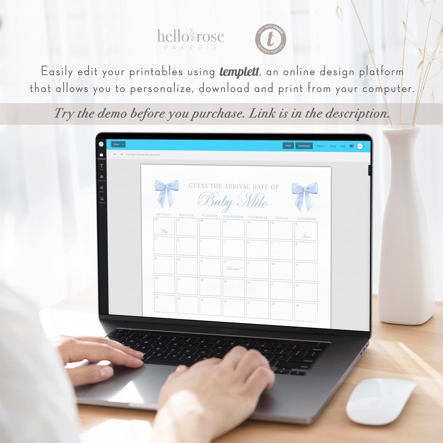 Blue Bow Guess the Due Date Calendar Boy Baby Shower Game Sign, Guess the Arrival Date, Bow Shower Decor, Template Instant Download TEMPLETT